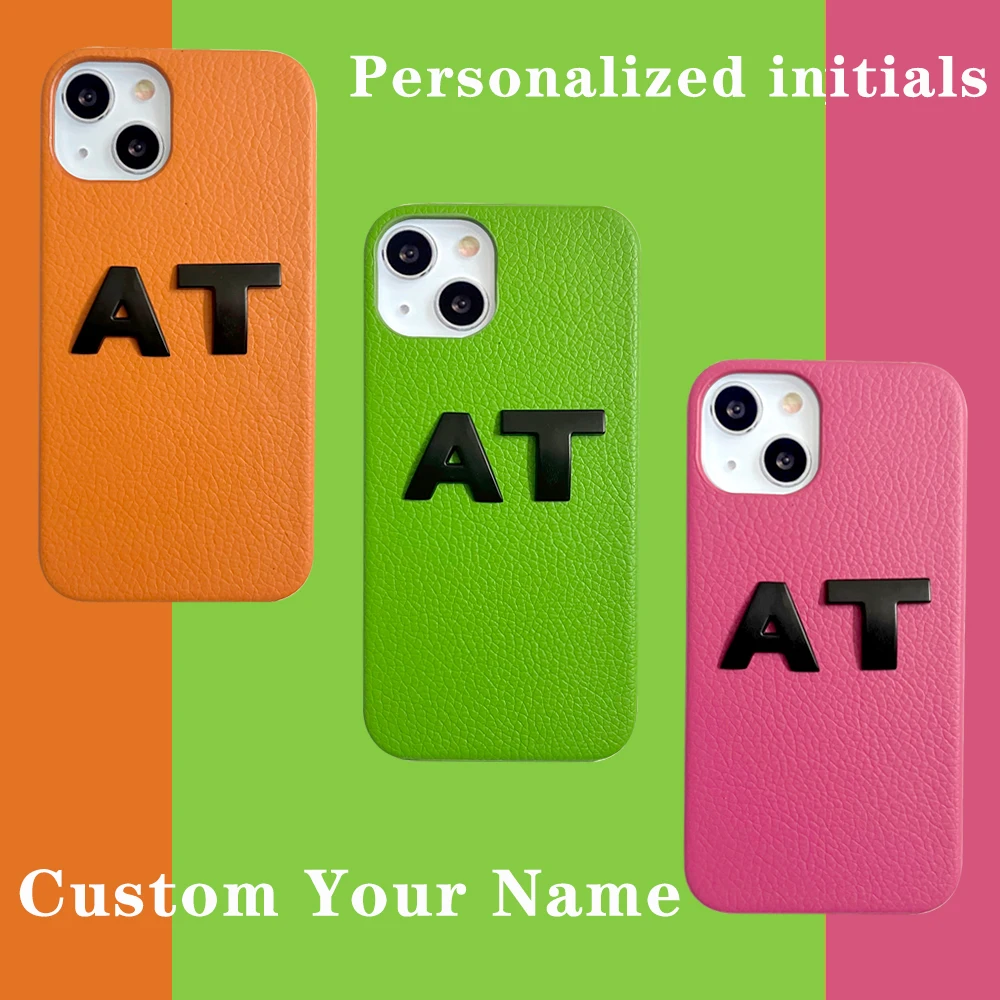 Initial Letter Sliver Or Black Metal Personalized Customize Name Leather Phone Case For Iphone 16 13 12 11 Pro Max 14 15 Cover