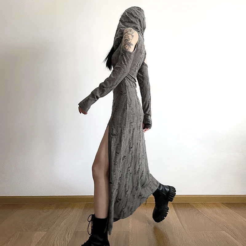 

Wasteland Style Distressed Hooded Dress and Shoulder Hollow Design