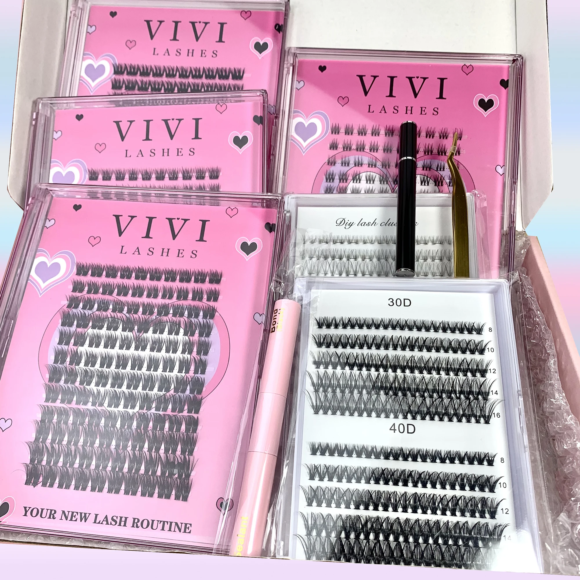 Eye Lashes Kit With 6 Packs Cluster Lashes Volume Natural 10D 20D 30D 40D Mixed False Lashes 1 Pc Bond Seal Lash Tweezer Brushes