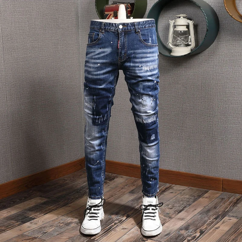 Streetwear Fashion Men Jeans Retro Blue Stretch Slim Fit Fit Ripped Jeans Men Painted Designer Vintage Casual Denim Pants Hombre