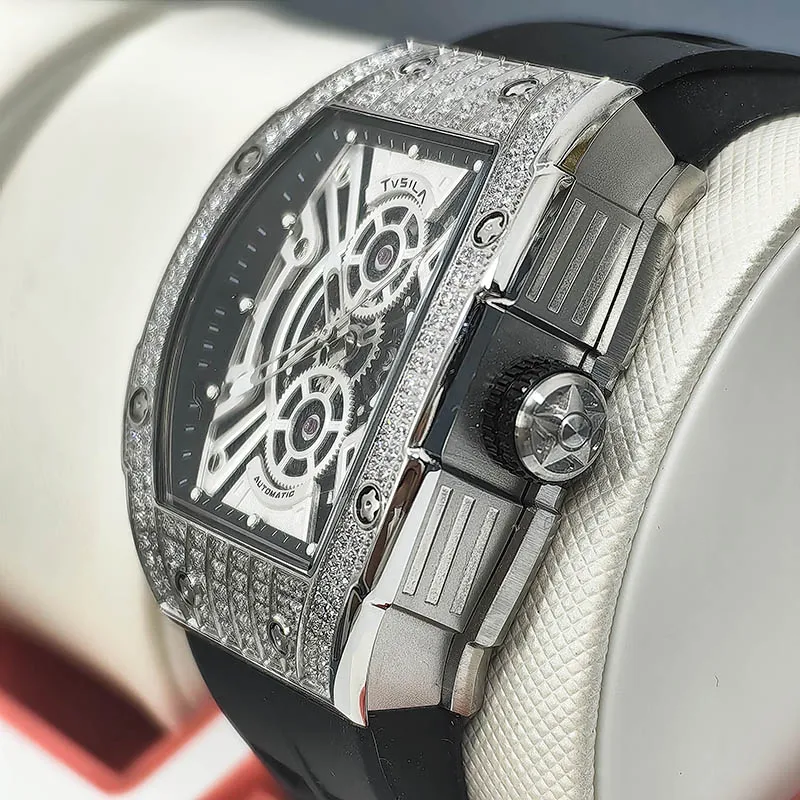 TVSILA Original Miyota Men's Automatic Mechanical Watch Stainless Steel Case Silicone Band Skeleton Waterproof Sport Wristwatch