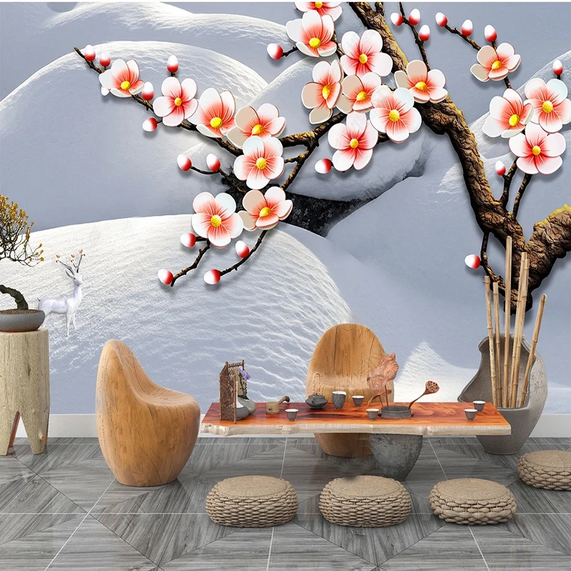 Beautiful Snow Plum Artistic Conception 3D Relief Mural Wallpaper  Living Room Home Decor Non-Woven Papel De Parede Floral 3D