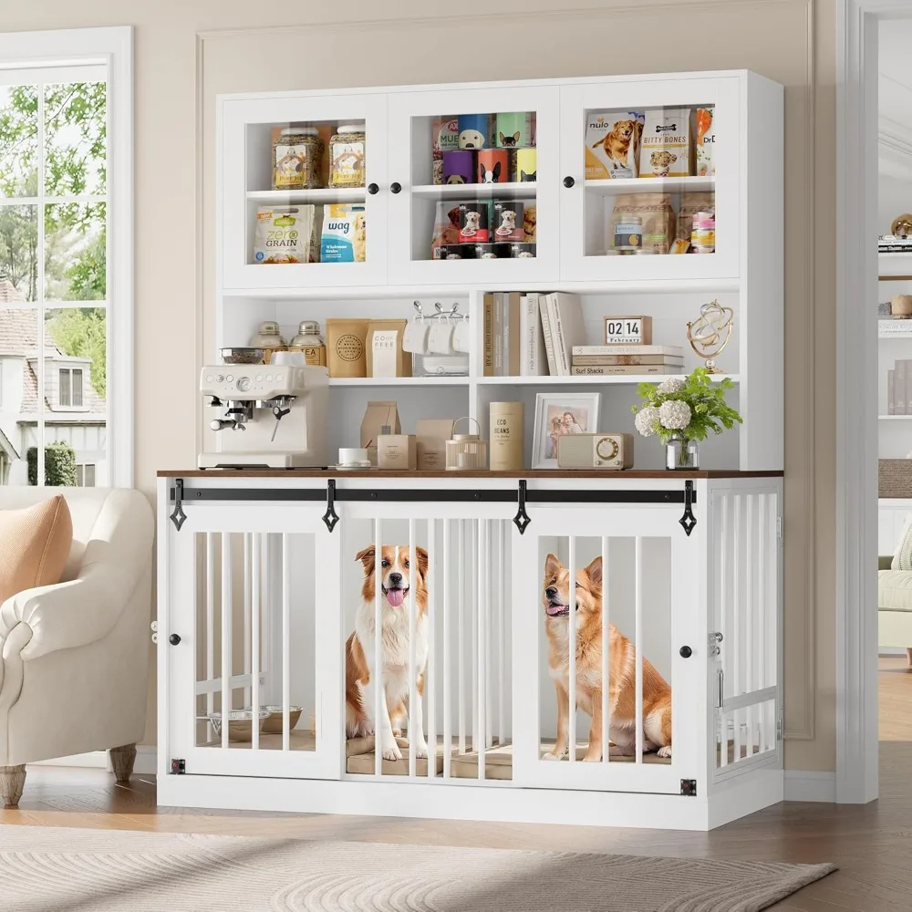 

Dog Crate Furniture for Large Dogs for 2 Pets with Divider, Front&Sides 4 Doors Dog Kennel with Feeding Bowls