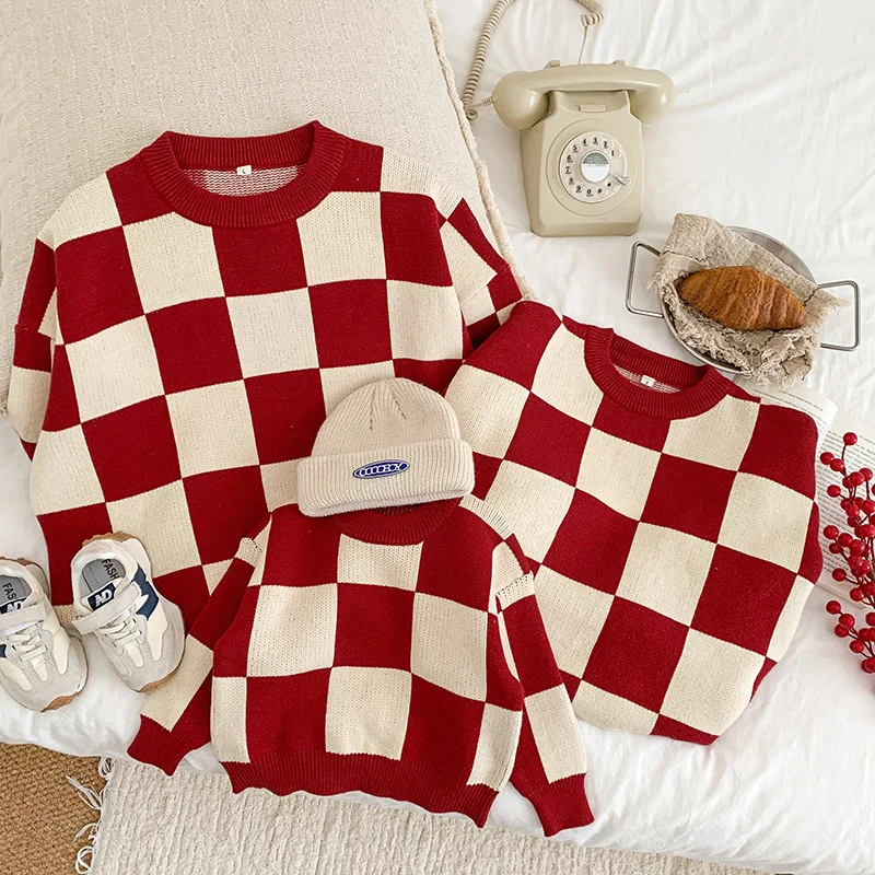 

4287E Parent-child Clothes Red Plaid Sweater 2022 Winter Spring Family Knitwear Tops Checkerboard Sweater Casual Pullover