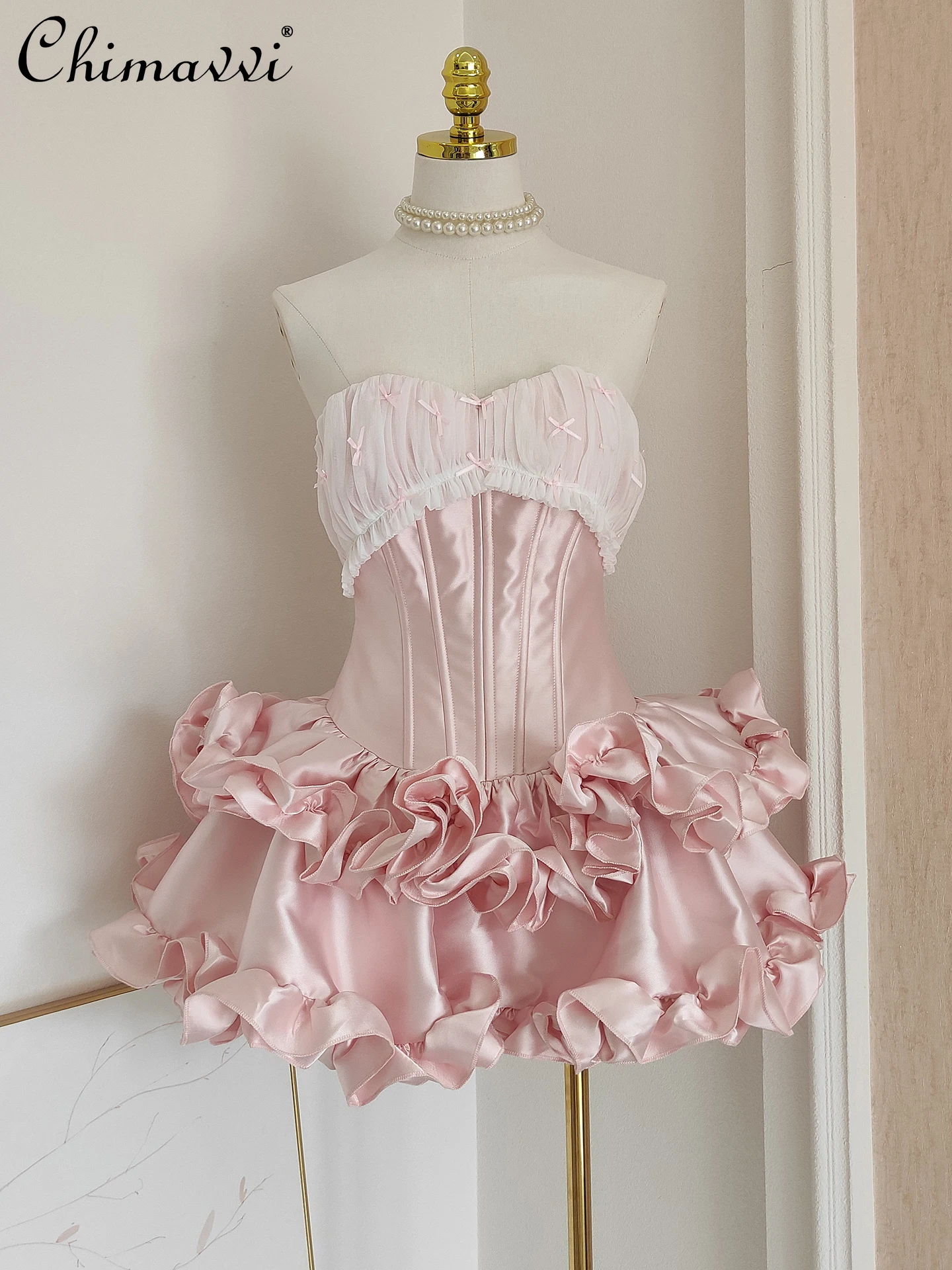 

French Elegant Sweet Socialite Princess Party Dress Bow Pleated Spliced Fishbone Strapless 3D Ruffle Short Evening Dress Women