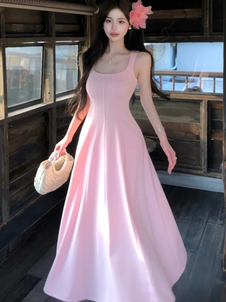 

Women's Korean Gentle Slim-Fit Sling Dresses Sleeveless Shoulder Spaghetti Strap Zipper Long Dress Causal Office Lady Vestidos
