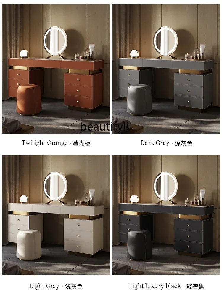 46Light luxury makeup table master bedroom modern simple saddle leather high-end rock slab desk dresser integrated