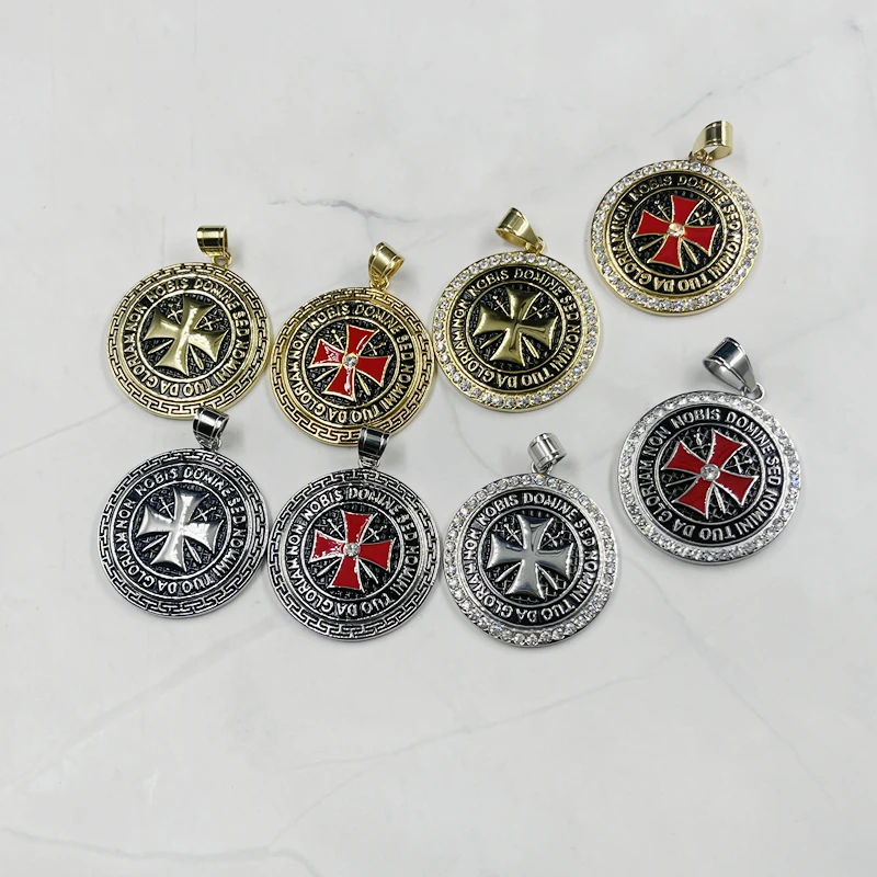 Hip hop Knights Templar Iron Cross Pendant Necklace Cubic Zirconia Stainless Steel Ordre du Temple for Male Men Rock Jewelry