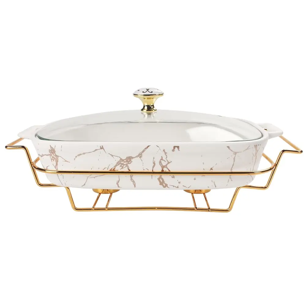 

Ceramic Casserole Dish With Glass Lid And Rack, 30 Oz Serving Soup Tureen,Chafing Dish For Buffet, Family Food Preserve Tray,