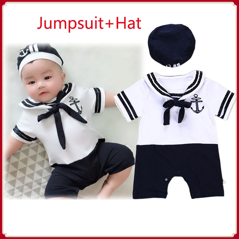 New Born Baby Clothes Set Infant Anchor Sailor Romper White Christening Bodysuit Outfit Toddler Navy Sailor Jumpsuit+hat Costume