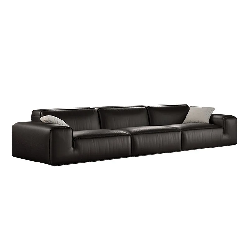 

Italian minimalist all-leather big black cow straight row sofa villa clubhouse tofu block large flat living room sofa