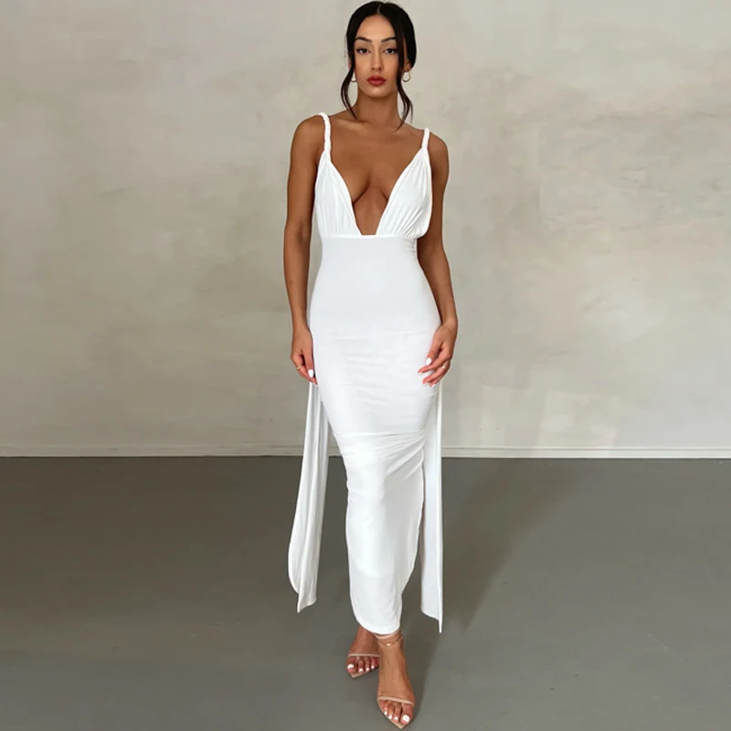 Deep V-Neck Backless Bodycon Dress Elegant Party Dresses For Women 2024 Summer Ruched Wrap Bandage Long Dress Black White