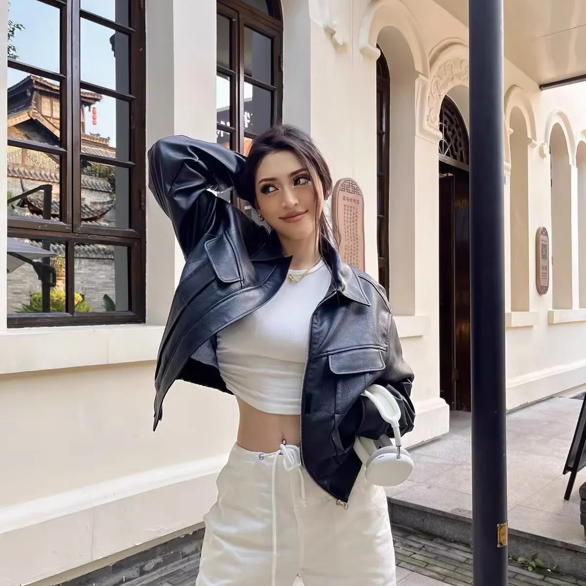 Suninbox Women's Black Motoblike Faux Leather Jacket Coat Stand Collar Short PU Jacket Cropped Elastic Hem Outwear Women