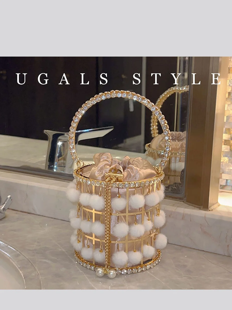 

UGALS Metal Shiny round Diamond Bucket Handbag Pearl Party Crossbody Bag Youth Sweet Lady Style Polyester Double Strap