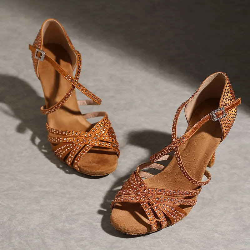 

Женские блестящие коричневые атласные босоножки на высоком каблуке со стразами, обувь для латинских танцев 9,5 см по индивидуальному заказу, обувь для сальсы, обувь для бальных танцев