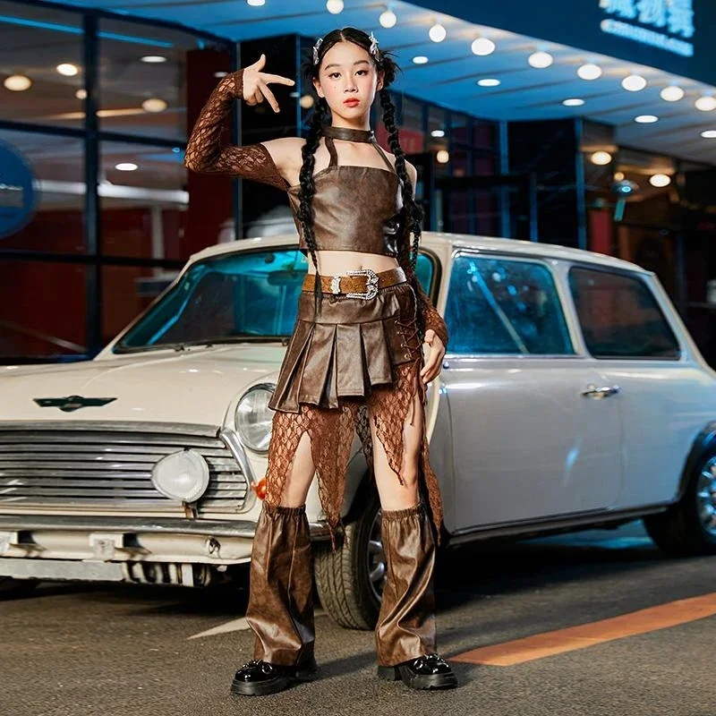 어린이 힙합 댄스 의상 소녀를위한 레이스 슬리브 가죽 탑 스커트 정장 패션 재즈 댄스 축제 무대 의류 브라운