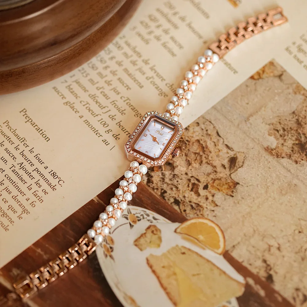 Square Women Watch Shell Pearls WaterProof Quartz Movement Retro Fashion Small Dial Ladies Vintage Wristwatch for Female SKHL007