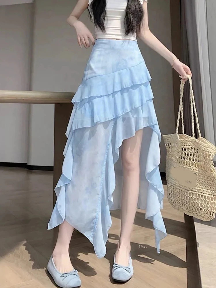 

Tie Dye Mesh Long Skirt Women Slim Streetwear Vintage Ruffles Sweet Irregular Skirts Summer Casual Lady High Waist Retro Skirt
