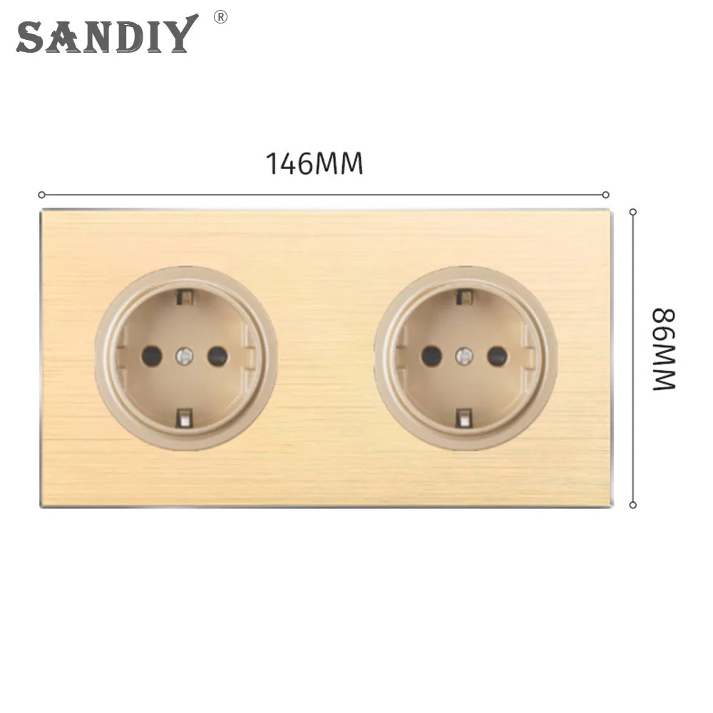 SANDIY Wall Outlet Glass Panel 16a 220v Prevent Leakage Electric Golden Double Socket Eu Standard Universal Socket