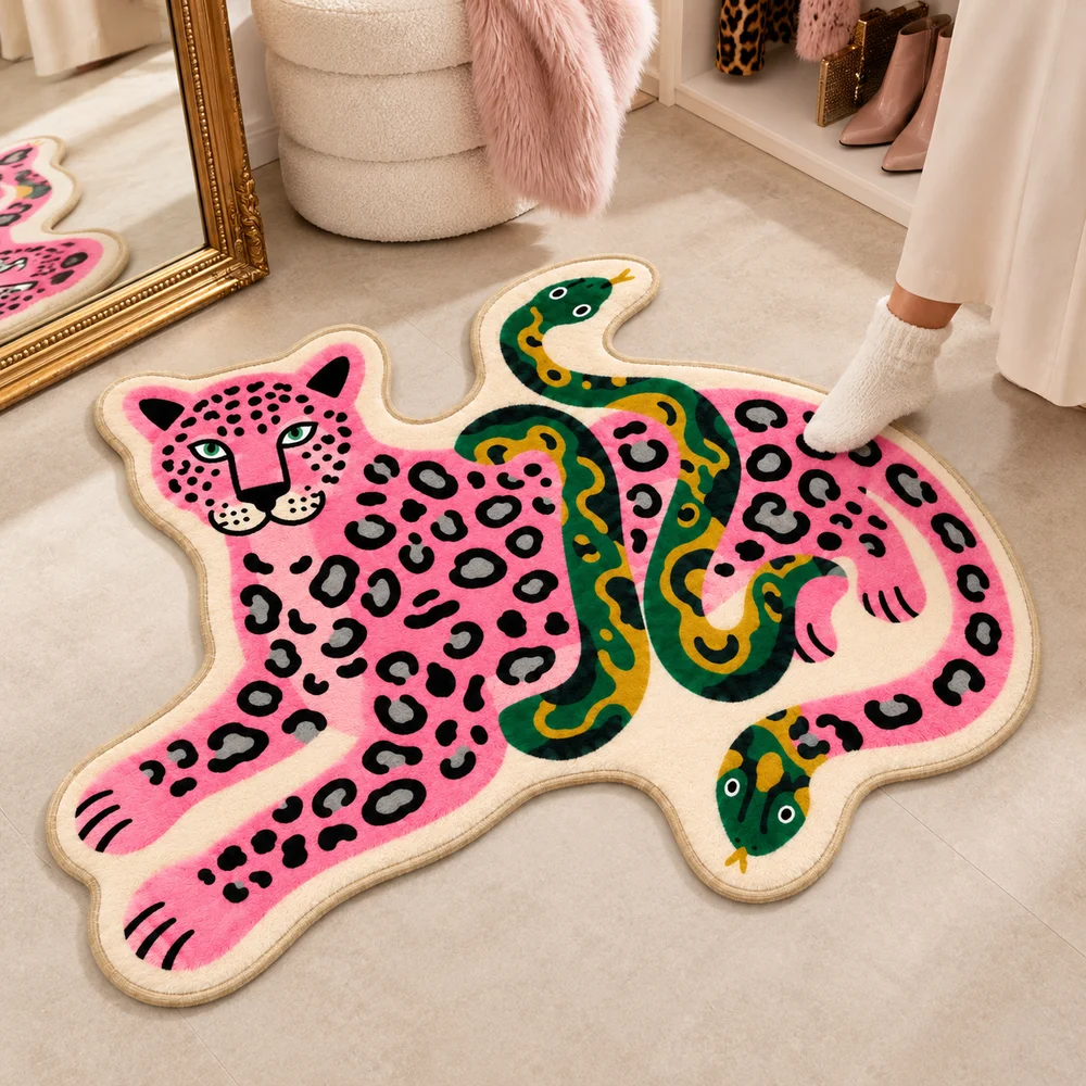Pink Leopard and Snake Shaped Flannel Floor Mat Wild Animal Rug for Living Room Bedroom Entryway Home Decor Gift Apartment