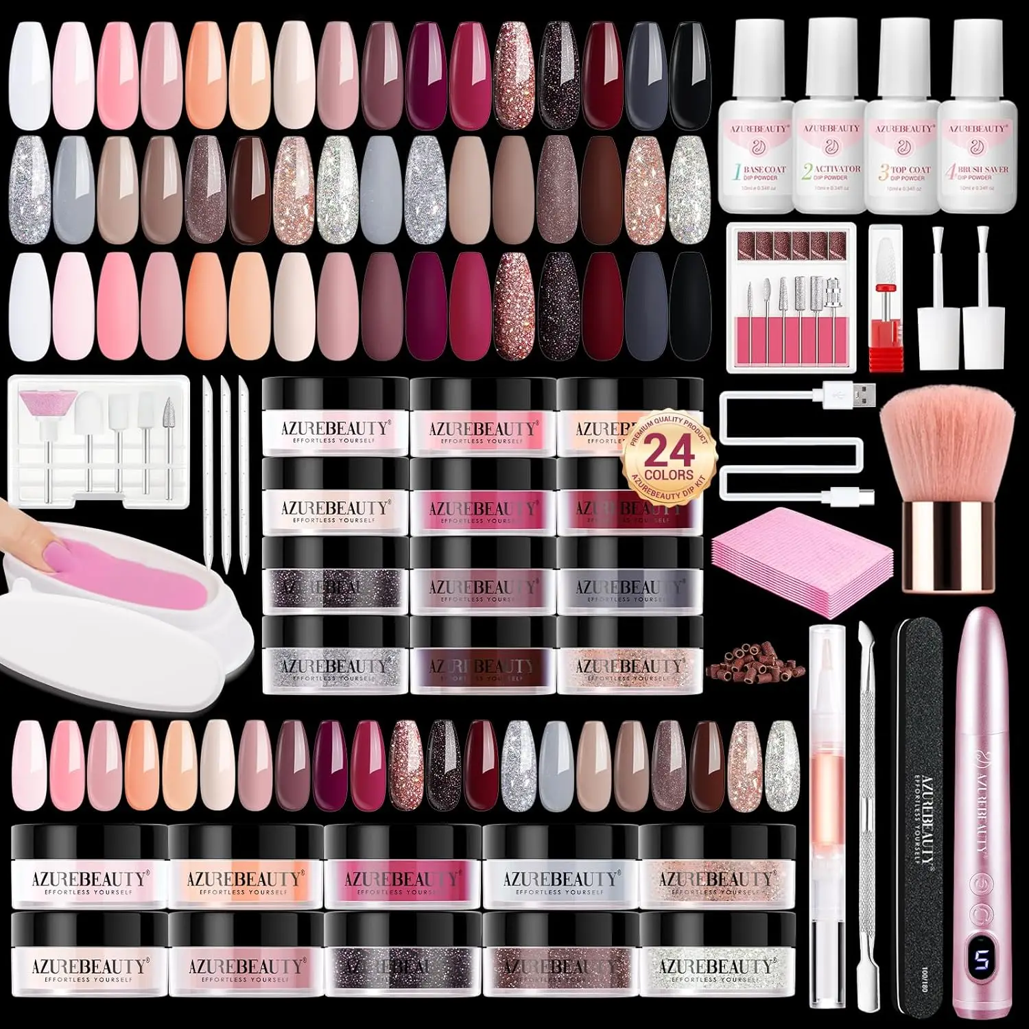 電動ドリル付きディップパウダーネイルキット、24色スターターセット、自宅でのマニキュア用