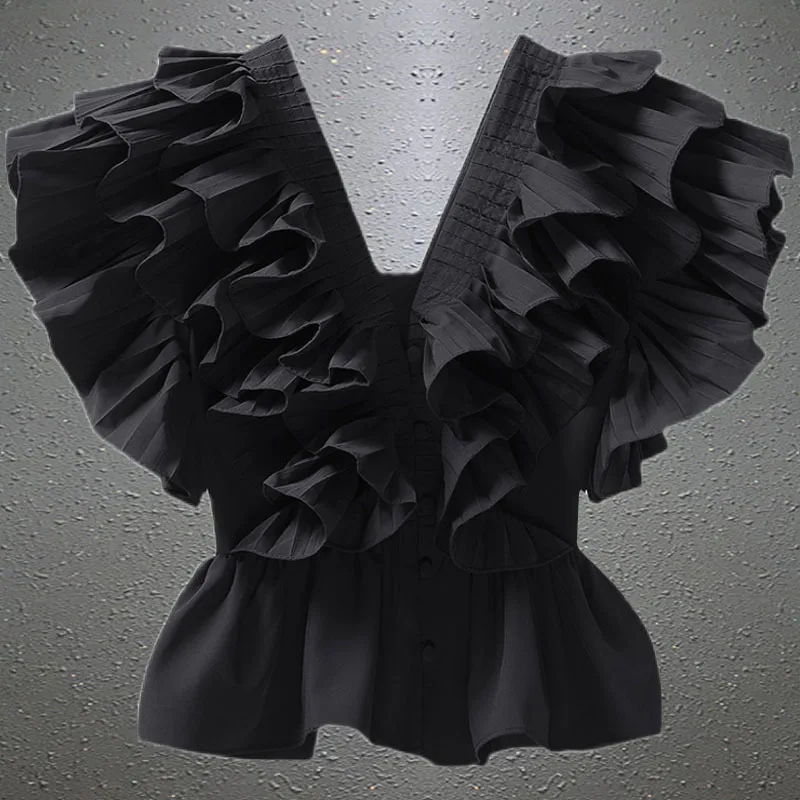 Summer Blusas Feminina Solid Ruffles Vintage V Neck Sexy Women Blouses Korean Fashion Elegant Pleated Short Shirts