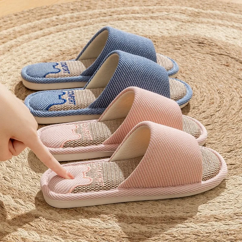 Linen Slippers Indoor Home Breathable Women Men Slides Linen Couples Anti-slip Shoes Beach Sandals Shoes Comfortable Flats TG20