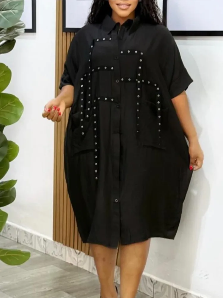 Nova moda feminina solta vestido casual primavera temperamento viajando lapela personalidade rua costura camisa de manga curta vestido