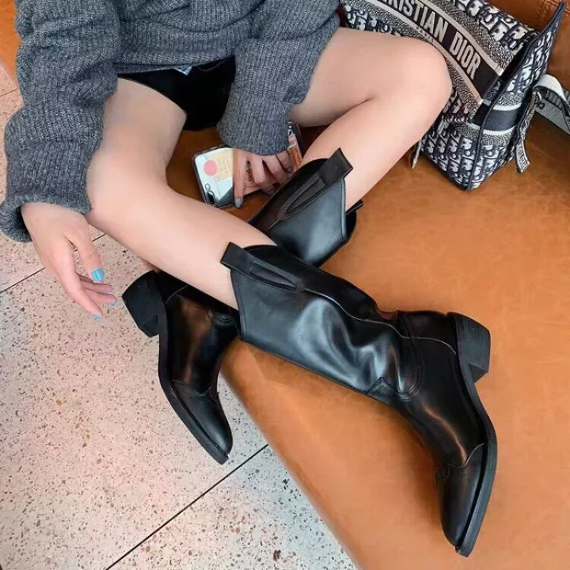 New Fashion Autum Women Knee High Boots Mid-Calf Heels Cowboy Boots Women Pointed Toe Shoes Female Winter Zipper Boots Plus Size