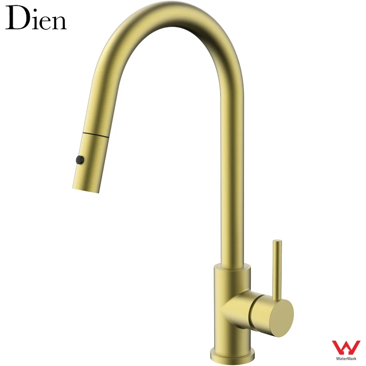 Watermark Cold And Hot Brushed Gold Fingerprint-proof Finishing Single Handle Pull Out Spray Kitchen Sink Faucet