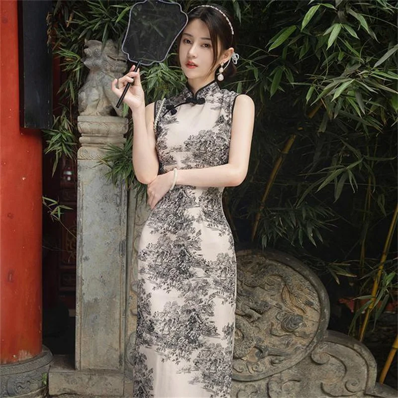 

2023 Retro Cheongsam Chinese Women's Qipao Elegant Sleeveless Vintage Dress Splice Lace Flower Embroidery Sexy High Split Dress