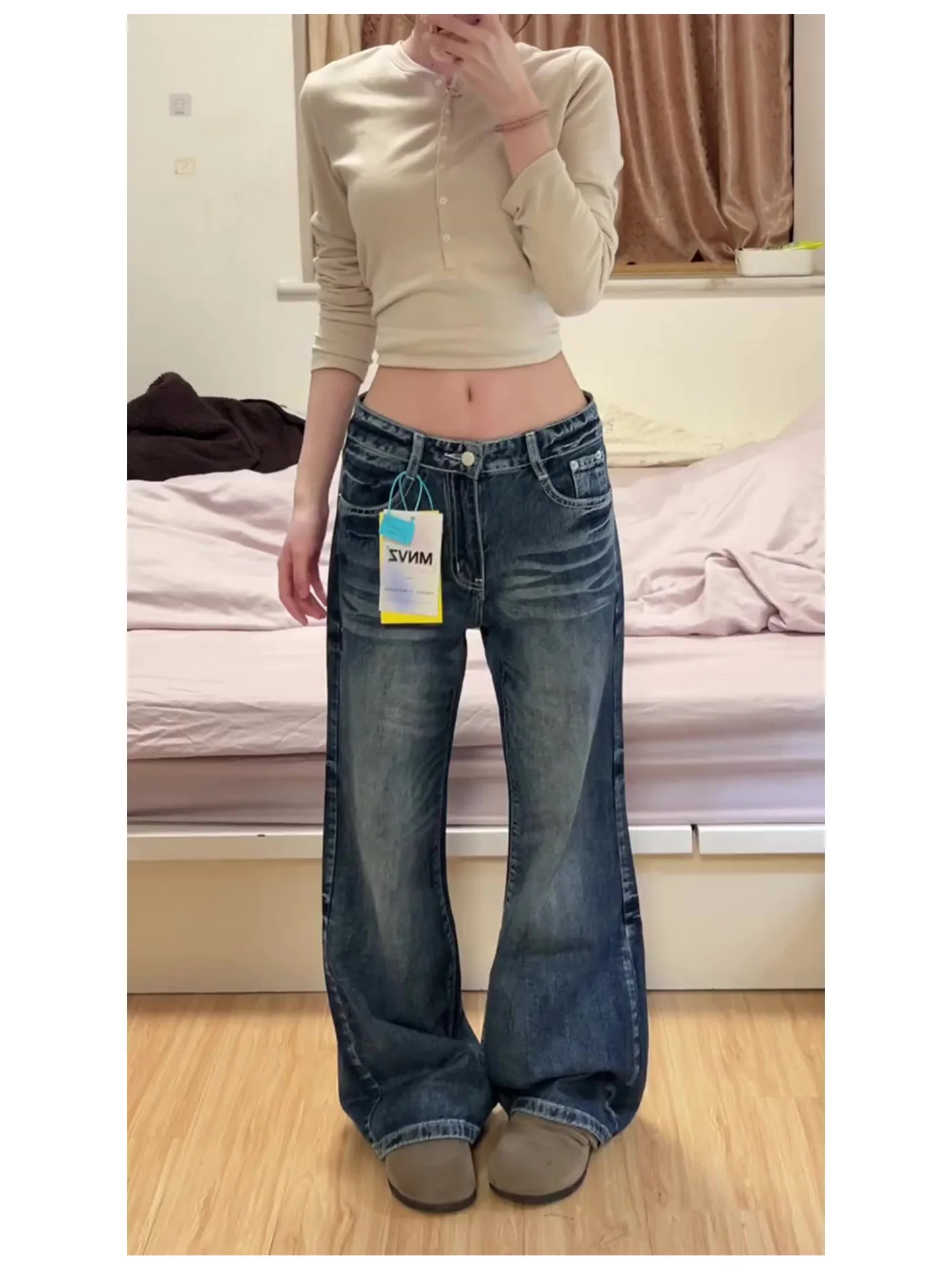 

American Style Lazy Washed Blue Jeans Women's Summer New Narrow Wide Leg Denim Pants Vintage Ripped Natural Waist Pocket