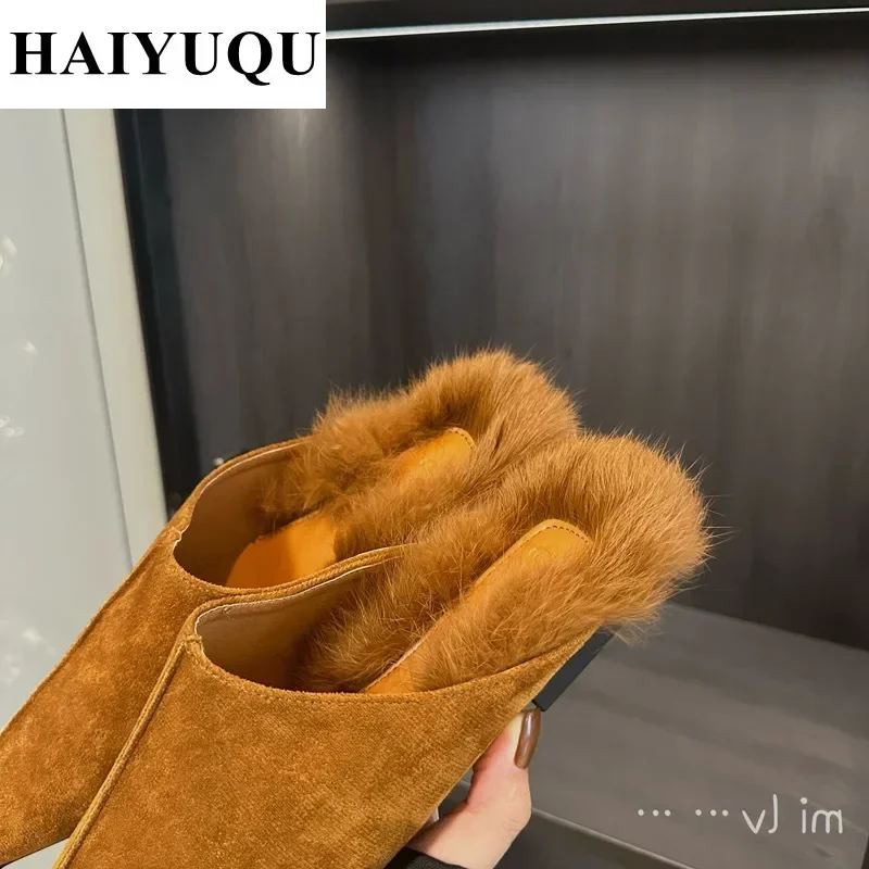 Luxury Furry Women Slippers Designer Mules Shoes Winter Suede Fur Slides 2025 Trend Square Toe Low Heels Plush Snow Botas Mujer