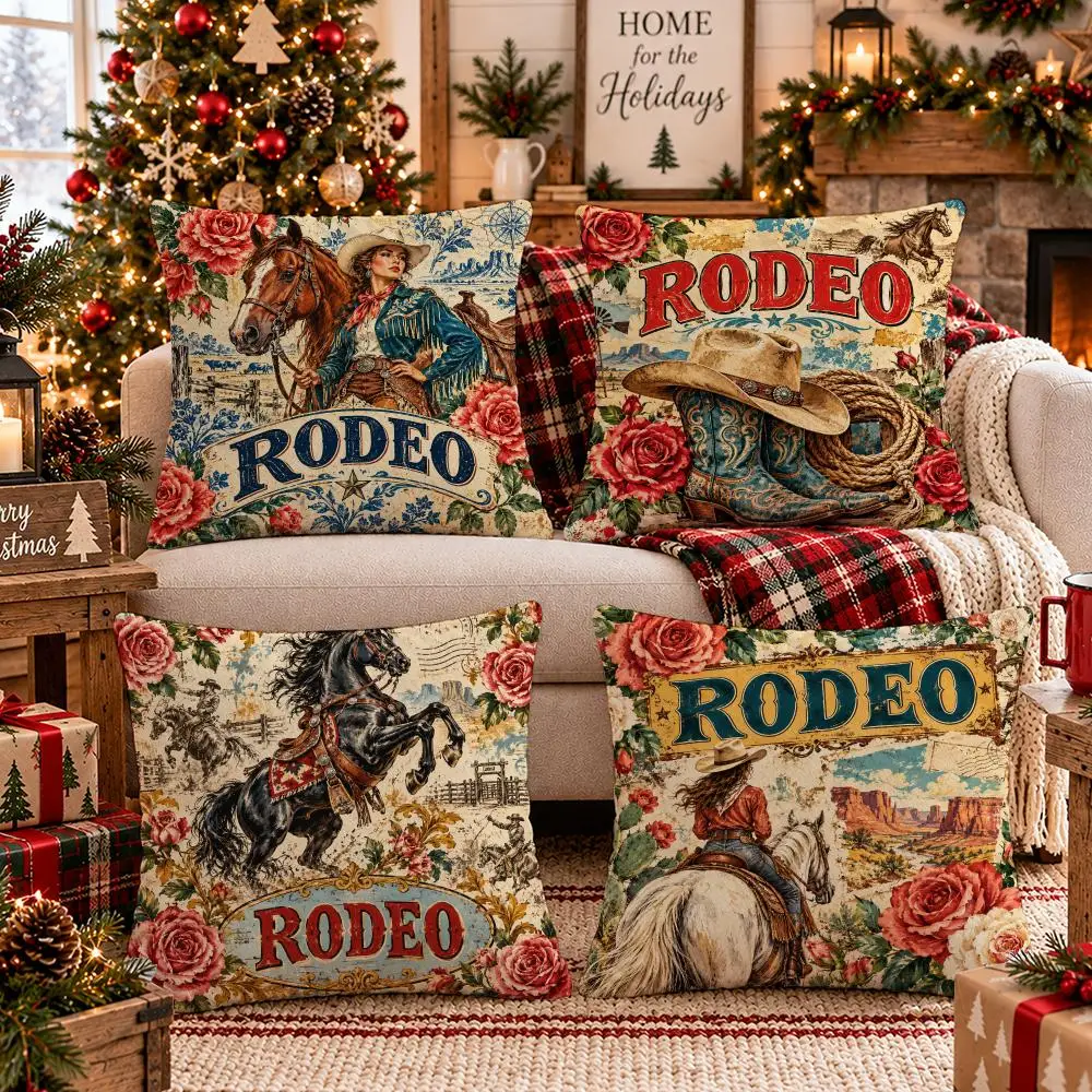 Vintage Rodeo Romance Cushion Cover 1/4PCS Short Plush Pillow Cover Set Soft Decorative Cushion Case for Sofa Bed Home Decor