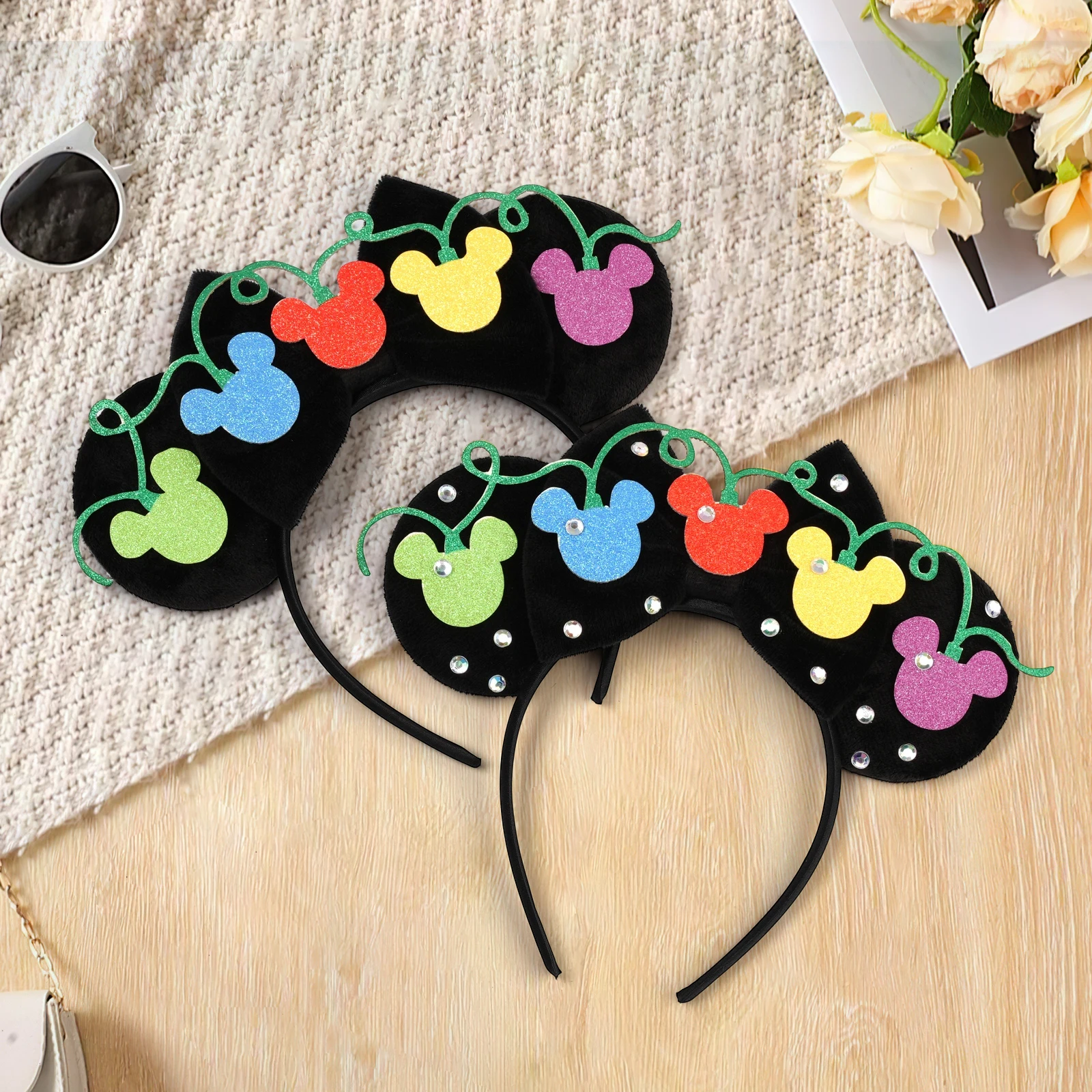 

1pc Cute Mickey Minnie Mouse Ear Hairband Rhinestone Adorned Disney Children Hair Hoops for Party Festival Wear Hair Accessories