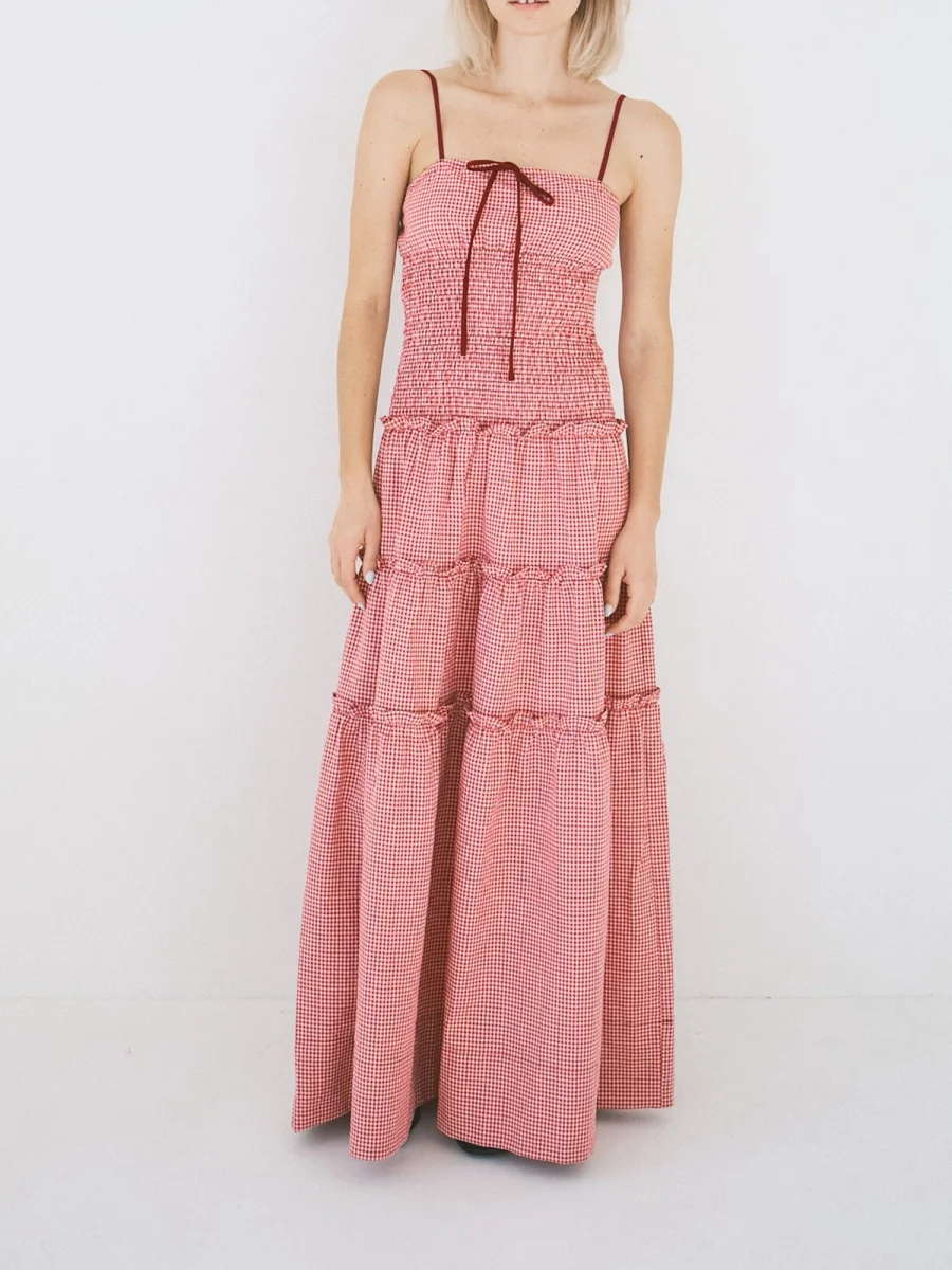 Women's Summer Long Cami Dress Sleeveless Open Back Tiered Striped Tie-up Strap Beach Dress