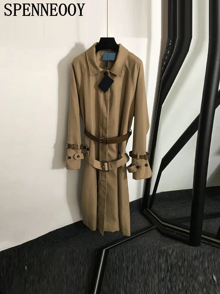 

SPENNEOOY Fashion Runway Autumn Camel Vintage Trench Coats Women's Turn-down Collar Long Sleeve Double Belt Slim Outerwear