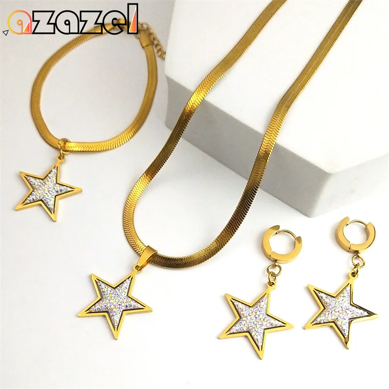 Shiny Crystal Star Wedding Jewelry Sets Snake Chain Women Stainless Steel Gold Color Pentagram Hoop Earring Necklaces Bracelet