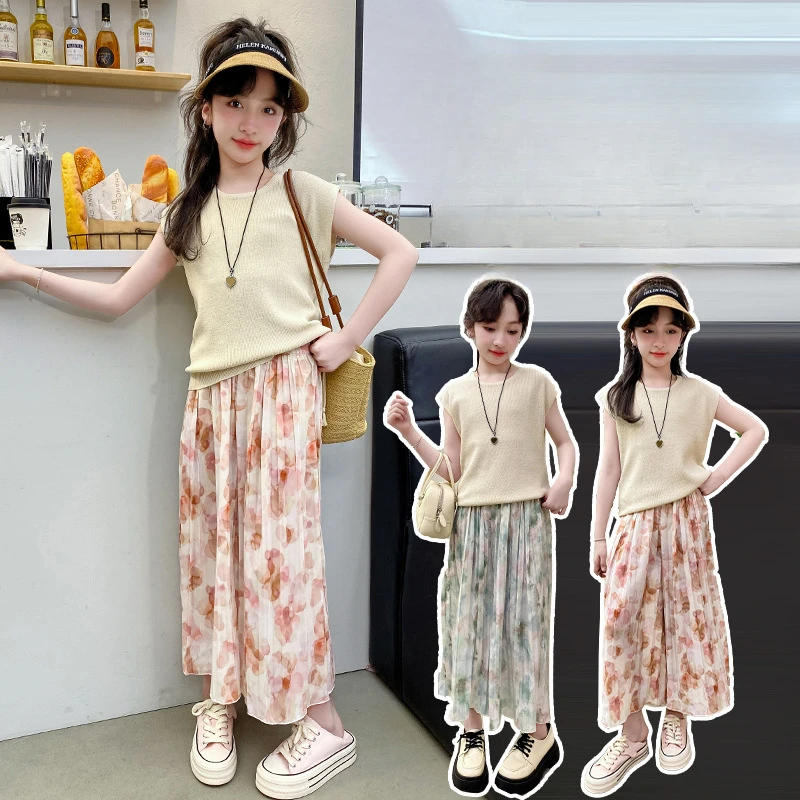 Girls Suits Summer Wide-leg Pants Set 2024 New Style Women Silk Sleeveless Vest Anti-mosquito Pants Two-piece Set Clothes