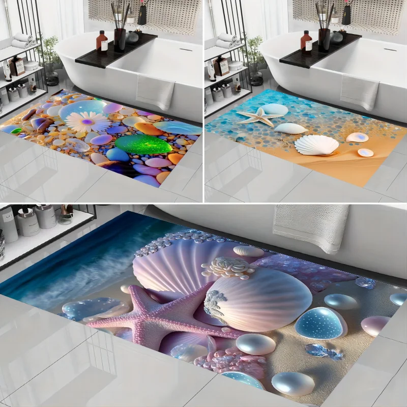 Starfish Shell Printed Bath Mat Non-slip Diatom Mud Footpad Bathroom Rug Super Absorbent Laundry Room Entrance Carpet Home Decor