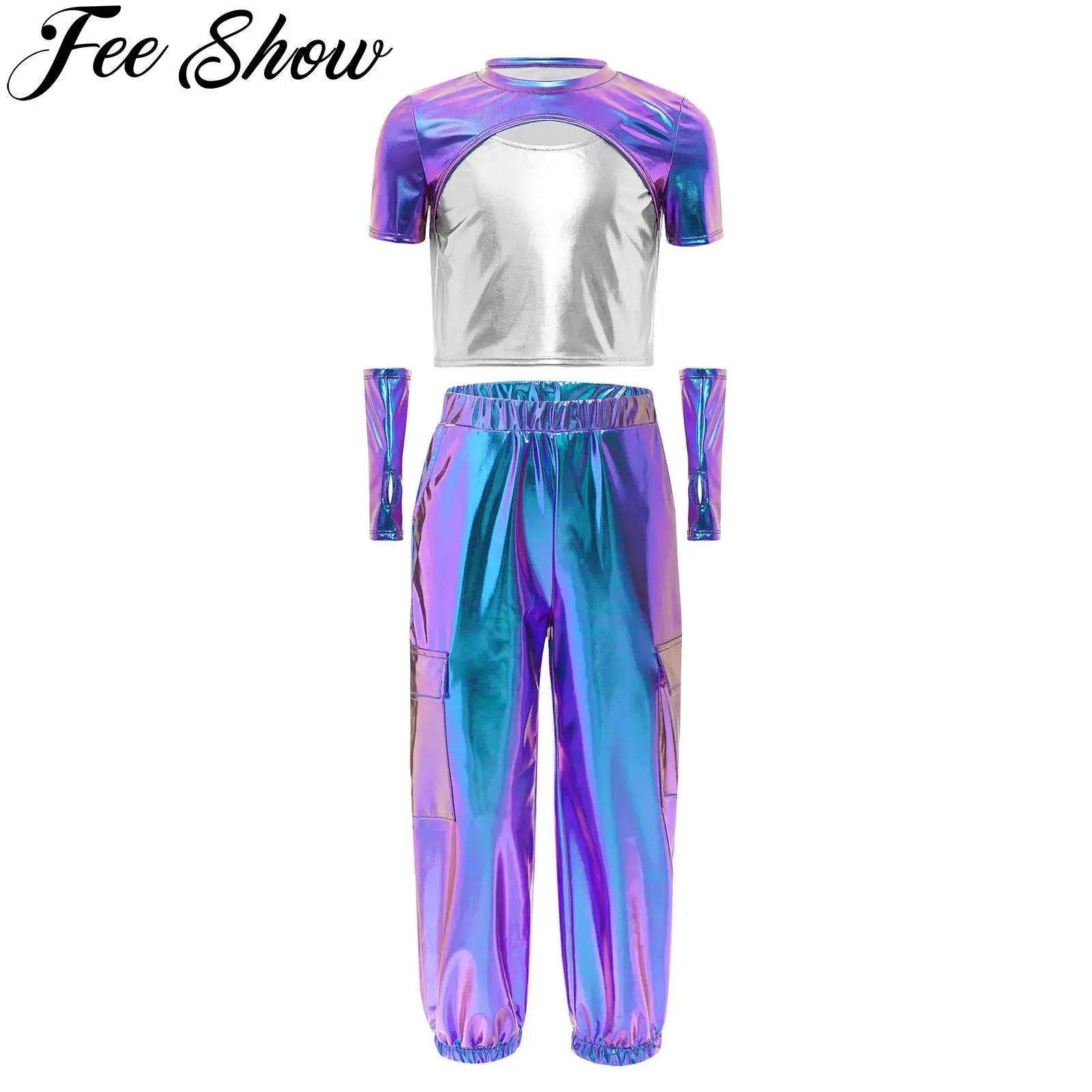 الفتيات لامع لامع الجاز الهيب هوب ملابس رقص انقطاع تي شيرت قفازات علوية السراويل البضائع الشارع الشهير الحديثة مرحلة الأداء الزي #1