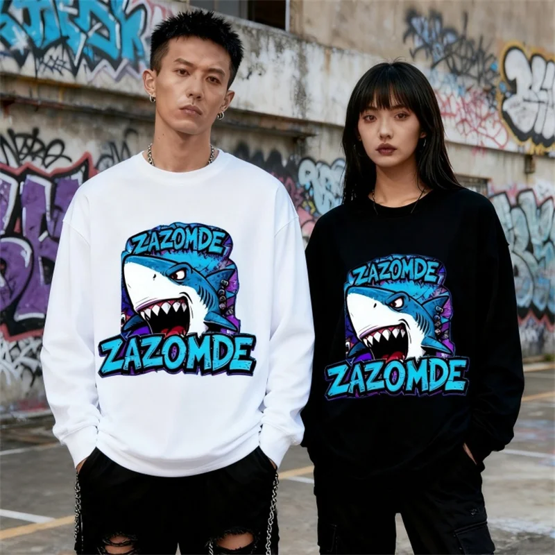 

ZAZOMDE рубашка с длинным рукавом для мужчин, мягкий хлопковый материал, масляная печать, дизайн акулы, дышащая мягкая футболка, свободная мужская одежда
