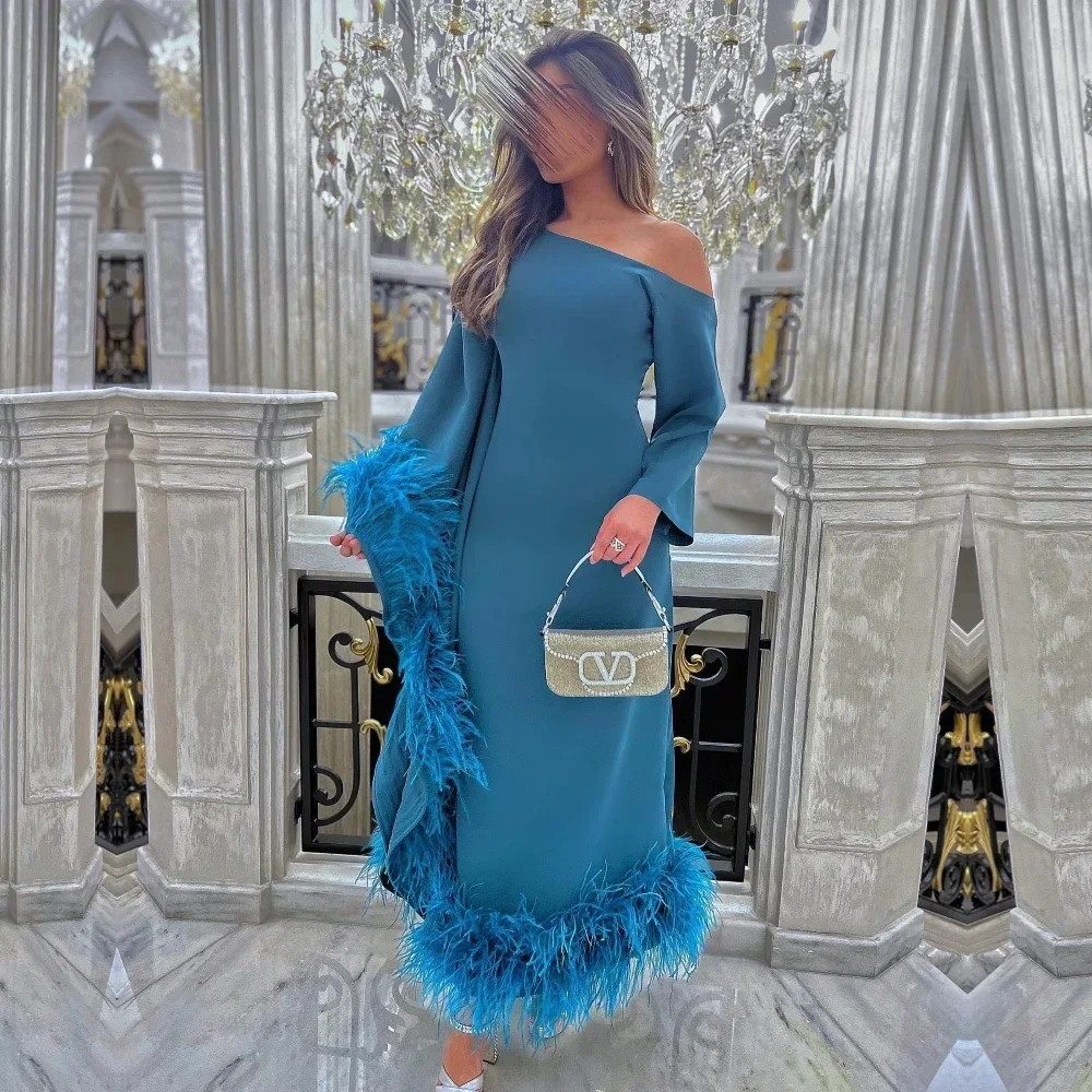 

Customized Evening Saudi Arabia Jersey Feather Homecoming A-line One-shoulder Bespoke Occasion Gown Midi Dresses Chinese Style C