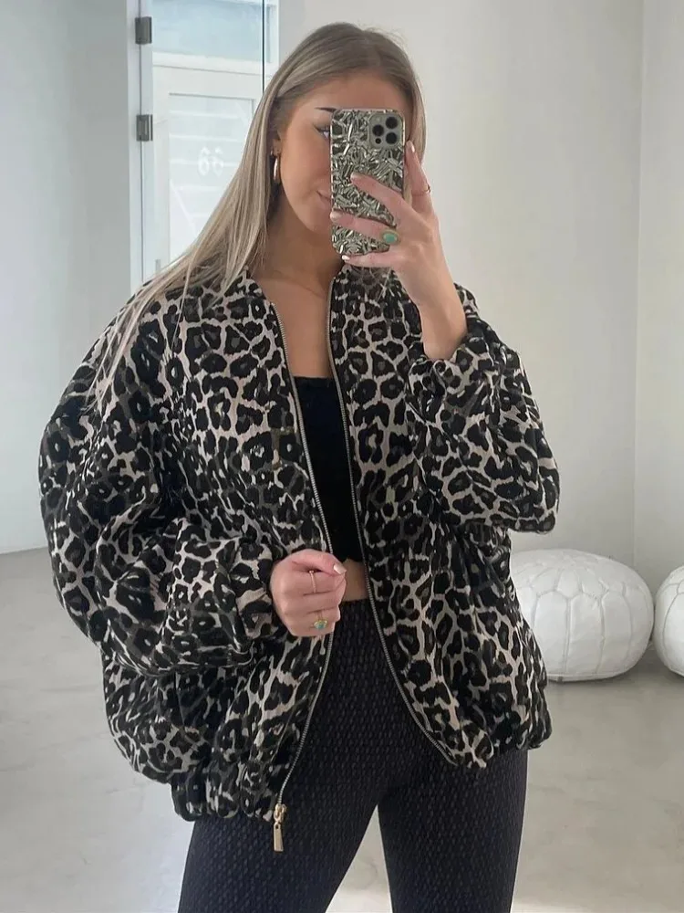 Women Chic O-neck Long Sleeve Retro Leopard Print Short Coats Zipper Jackets Female Autumn Winter Warm High 2024 Street Outwear