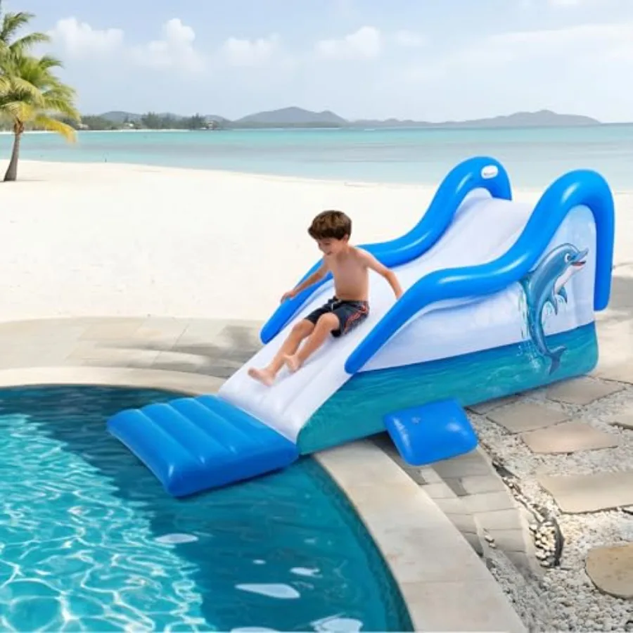 125 Inch Giant Extended Inflatable Dolphin Pool Slide Large Inflatable Water Slide for Outdoor Summer Swimming Pool Play Durabl
