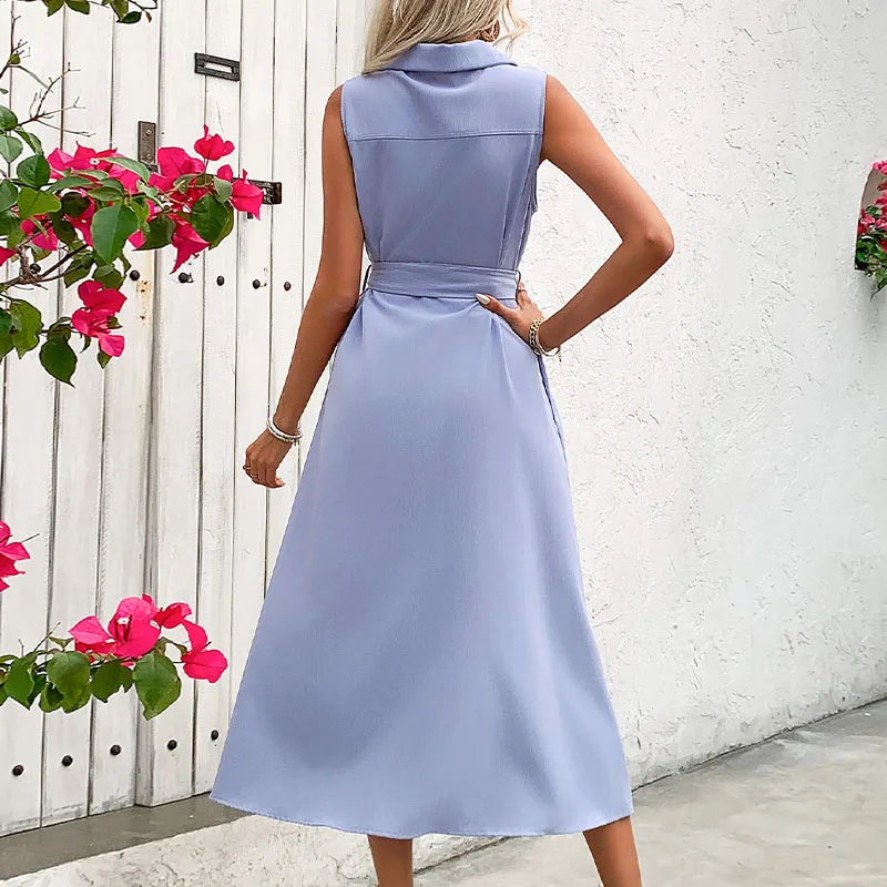 Benuynffy Solid Single Breasted Belted Shirt Dress Women 2024 New Summer High Waist Sleeveless A-line Long Dresses with Pockets