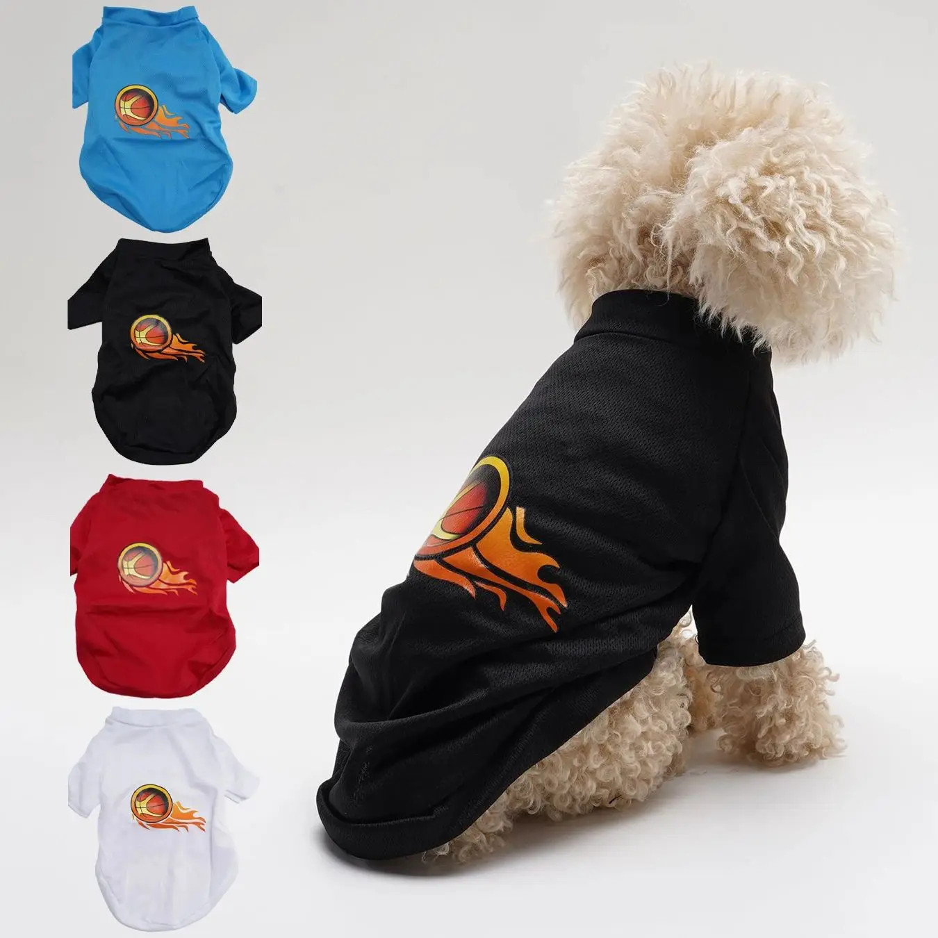 4 Pack Spring/Summer round Neck Solid Color Flame Basketball Pattern Mesh Dog/Cat T-Shirts for Small Medium-sized Breeds