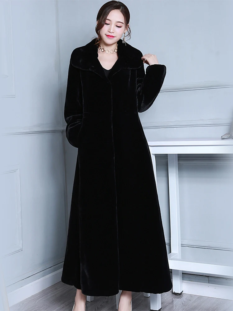 Nerazzurri Winter Black Warm Extra long Skrited Elegant Natural Real Fur Coat Women Oversized Genuine Sheep shearling Overcoat