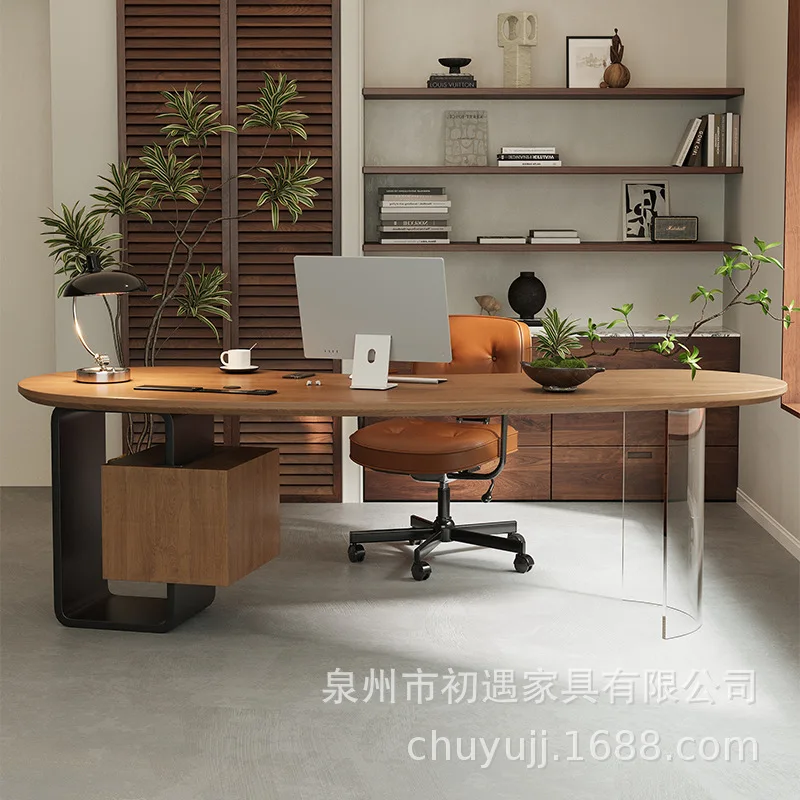 HYS solid wood curved boss table light luxury senior sense president's office computer desk modern simple commercial desk work