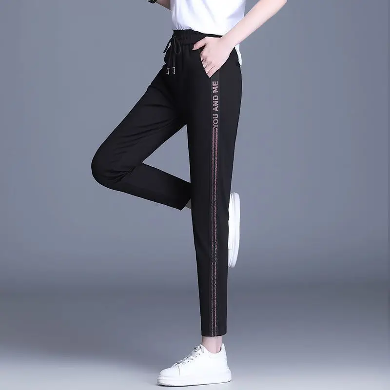 Fashion Women Solid Pencil Sweat Pants Spring Autumn Korean New Lace-up High Waist Elastic Pocket Slim Casual Straight Trousers